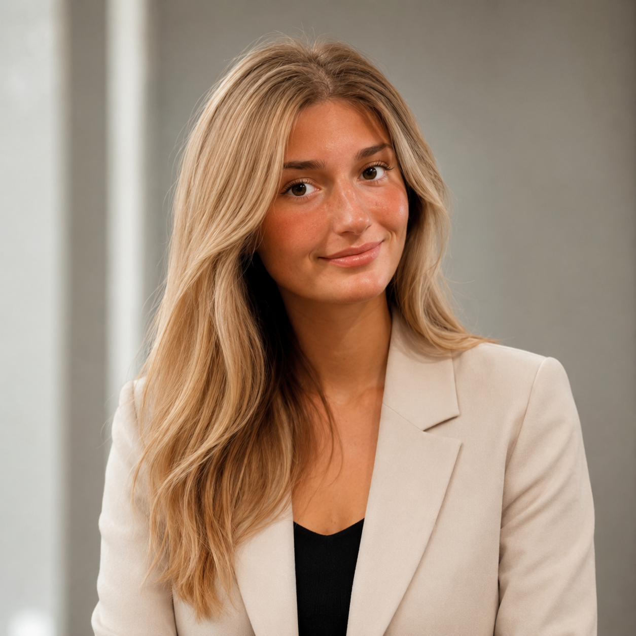 Portrait of Milla Topalovic, wearing a black blazer over an ivory blouse
